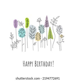 Simple happy birthday card with flowers. Simple trees card. 