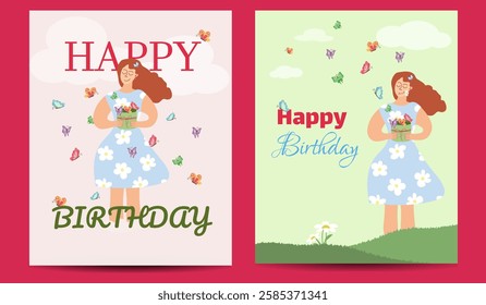 Simple Happy Birthday Card. Girl Releases Butterflies for a Festive Mood