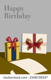 simple Happy birthday lettering design with boxed and colored gifts