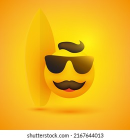 Simple Happy Cheerful Male Surfer Emoticon with Mustache and Hair Wearing Sunglasses Beside a Surfboard - Vector Design for Web and Online Apps on Yellow Background