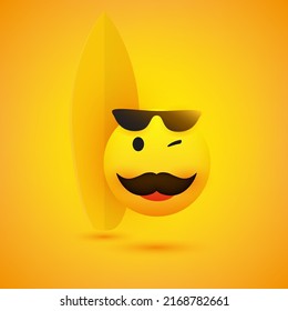 Simple Happy Cheerful Winking Male Surfer Emoticon with Mustache Wearing Sunglasses on the Top of His Head in Front of a Surfboard - Vector Design for Web and Online Apps on Yellow Background