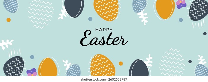 Simple Happy Easter card with easter eggs garland and rabbit. Simple vector decoration with handwrite, spring flowers and various egg