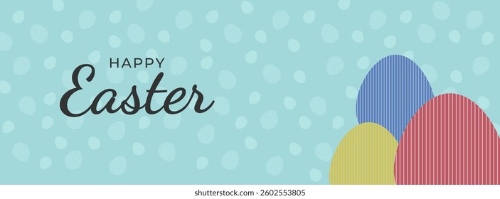 Simple Happy Easter card with easter eggs garland and rabbit. Simple vector decoration with handwrite, spring flowers and various egg