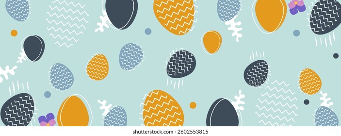 Simple Happy Easter card with easter eggs garland and rabbit. Simple vector decoration with handwrite, spring flowers and various egg