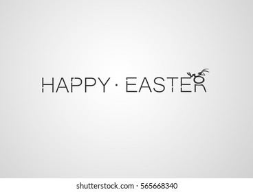 Simple Happy Easter lettering combined from thin straight lines with a rabbit on an egg at the top of the letter R.