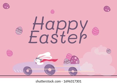 Simple Happy Easter Postcard Illustration Vector. Modern Bunny Easter with Egg in the car.