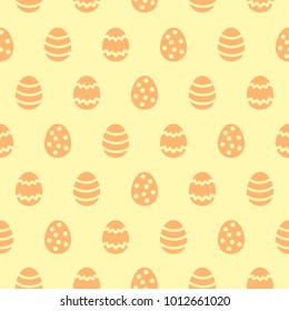 Simple Happy Easter seamless vector pattern. Yellow and orange colors. Various painted stylized tiny eggs regular texture. Flat design Easter, spring background. Template for cards, greetings.