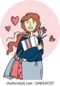 A simple Happy girl with shopping and tulips smiles, and next to her hearts