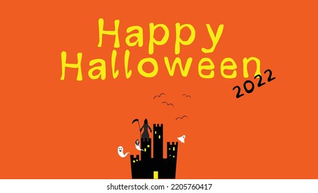 Simple Happy Halloween 2022 Banner Greeting Message With Spooky Castle Decoration And A Lot Of Ghost In Orange Background