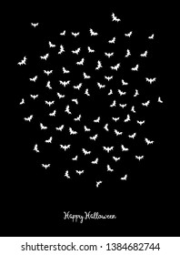 Simple Happy Halloween Vector Card with Group of Flying Bats. White Hand Drawn Bats Silhouette Isolated on a Black Background. Scary Dark Halloween Night. Night Sky with Flying Bats.