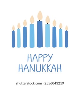 Simple Happy Hanukkah greeting card. An illustration of a blue menorah with nine candles.