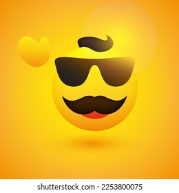 Simple Happy Male Emoticon with Sunglasses, Waving Hand, Hair and Mustache on Yellow Background - Vector Design for Web and Instant Messaging Apps