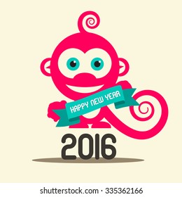 Simple Happy New Year 2016 with Monkey and Ribbon Vector Flat Design Illustration