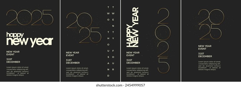 Simple feliz año nuevo 2025 diseño de portada de póster. Con números de oro finos y brillantes. Diseño de Vector Premium para la celebración del año nuevo 2025.