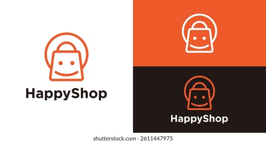 Simple happy shop logo template. Shopping bag with smile logo design vector illustration.
