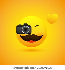Simple Happy Smiling Waving Male Photographer Emoji with Mustache Looking Into and Taking Picture with a Digital Camera - Emoticon on Yellow Background