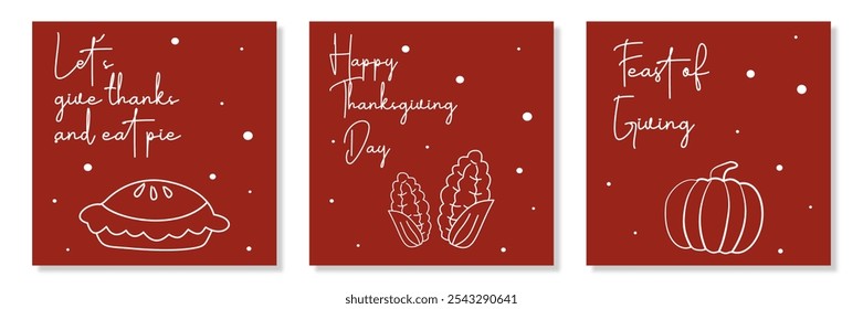 Simple Happy thanksgiving greeting with plants, food, red minimal background set for poster, invitation, card, flyer, cover, banner, social media, sale. Harvest vector illustration, Autumn fall season
