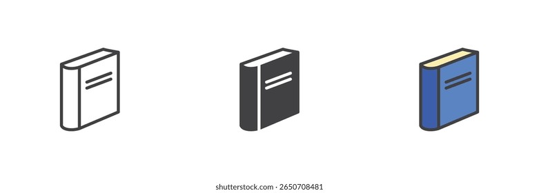 Simples livro de capa dura de pé conjunto de ícone vertical. Linha, sólida e preenchida esboço colorido estilos. Símbolo de ícone de livro vetorial de educação e referência.