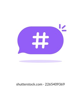 simple hashtag icon in purple speech bubble. concept of mobile app pictogram or customer feedback badge. flat trend modern microblogging logotype graphic design web isolated on white background