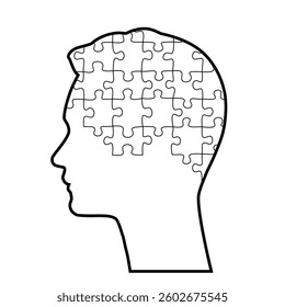 Simple man´s head silhouette outline vector with a brain portraied as puzzle pieces symbolizing mental health awareness.