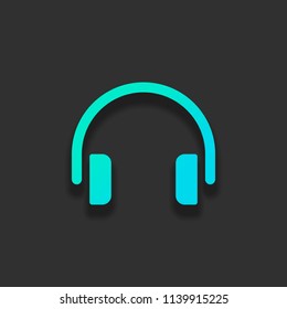 Simple headphones icon. Colorful logo concept with soft shadow on dark background. Icon color of azure ocean