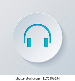 Simple headphones icon. Cut circle with gray and blue layers. Paper style