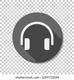 Simple headphones icon. flat icon, long shadow, circle, transparent grid. Badge or sticker style