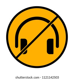Simple headphones icon. not allowed, black object in warning sign with orange background color