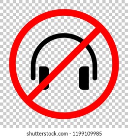 Simple headphones icon. Not allowed, black object in red warning sign with transparent background