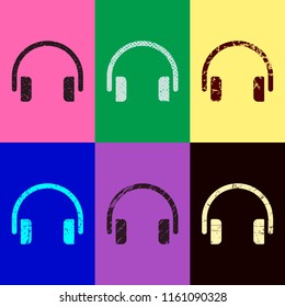 Simple headphones icon. Pop art style. Scratched icons on 6 colour backgrounds. Seamless pattern