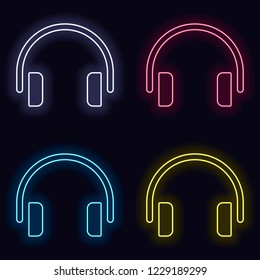 Simple headphones icon. Set of neon sign. Casino style on dark background.