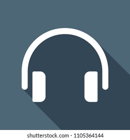 Simple headphones icon. White flat icon with long shadow on background