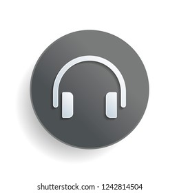 Simple headphones icon. White paper symbol on gray round button or badge with shadow