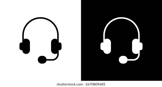 Gráfico simples de ícone de headset, mostrado em preto sobre branco e branco sobre preto. Ideal para sites, aplicativos e apresentações.