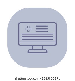 Simple health care icon with monitor with cross symbol and text lines. Digital health services or telemedicine applications concept