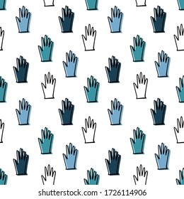 Patrón vectorial simple de la atención sanitaria. Guantes de contorno negro dibujados a mano con sombras azules aisladas sobre fondo blanco. Ilustración médica. Dibujo de doodle colorido, perfecto para papel pintado o tela.