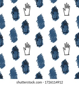 Simple healthcare vector pattern. Hand drawn black contoured gloves isolated on white background. Pencil texture. Medical illustration. Colorful doodle art. Perfect for wallpaper or fabric.
