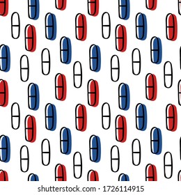 Simple healthcare vector pattern. Hand drawn black contoured pills and capsules with red and blue shadows isolated on white background. Medical illustration. Perfect for wallpaper or fabric.