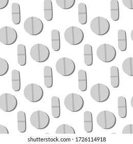 Simple healthcare vector pattern. Hand drawn grey pills isolated on white background. Medical illustration. Colorful doodle art. Perfect for wallpaper or fabric.
