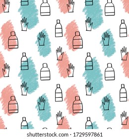 Simple healthcare vector pattern. Hand drawn black contoured sanitizer bottles and gloves isolated on white background. Cyan and pink pencil texture. Medical illustration. 