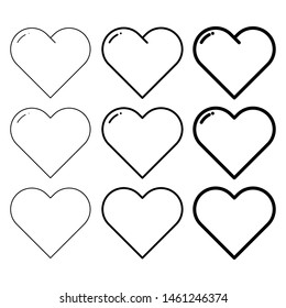 	
Simple Heart black line different thickness. thin line, thick lineal, wide contour Hearts icons set. Symbol of love, health, valentine's day. Vector illustration Sign isolated on white background