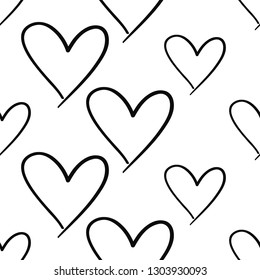 Simple heart. Hand drawn black line seamless pattern on white background. Doodle brush, pen, marker illustration.