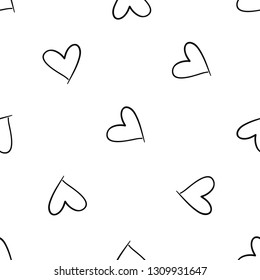 Simple heart. Hand drawn black line seamless pattern on white background. Doodle brush, pen, marker illustration.