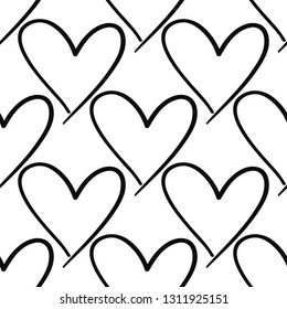 Simple heart. Hand drawn black line seamless pattern on white background. Doodle brush, pen, marker illustration.