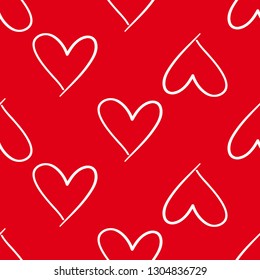 Simple heart. Hand drawn white line seamless pattern on red background. Doodle brush, pen, marker illustration.