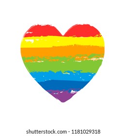 Simple heart icon. Drawing sign with LGBT style, seven colors of rainbow (red, orange, yellow, green, blue, indigo, violet