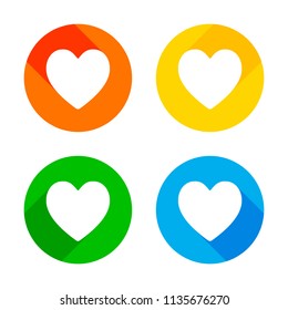 Simple heart icon. Flat white icon on colored circles background. Four different long shadows in each corners