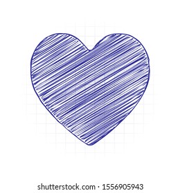 Simple heart icon. Hand drawn sketched picture with scribble fill. Blue ink. Doodle on white background