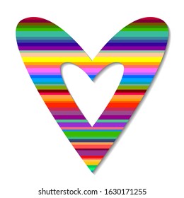 Simple heart icon with horizontal stripes of various bright colors. Love, romance and marriage symbol. Wedding and Valentine’s day design element. Isolated on white background. Vector illustration