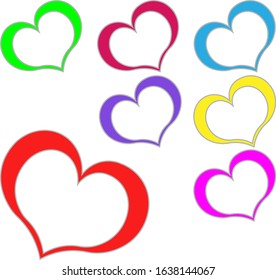 Simple heart icon with heart icons of red and blue and yellow colors as well as different sizes. Love, romance, marriage, wedding, Valentine's Day symbol. Isolated on a white background.